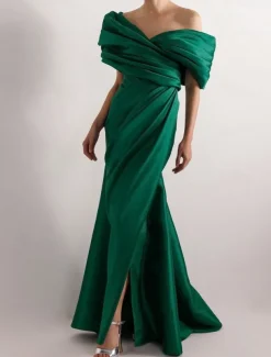 Dress High Fashion Mustard Dress Mermaid / Trumpet Portrait Collar Evening Gown Cocktail Dress Formal Wedding Floor Length Sleeveless Off Shoulder Satin with Ruched Details Slit