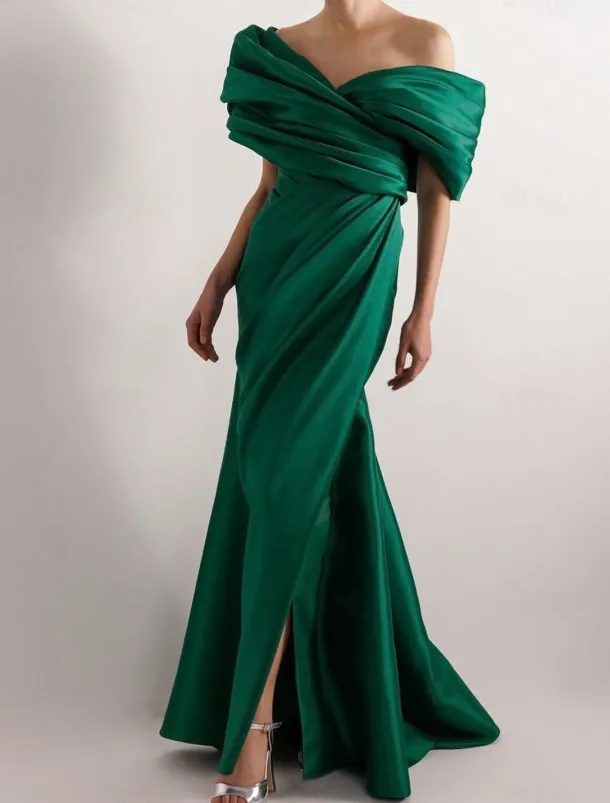 Dress High Fashion Mustard Dress Mermaid / Trumpet Portrait Collar Evening Gown Cocktail Dress Formal Wedding Floor Length Sleeveless Off Shoulder Satin with Ruched Details Slit