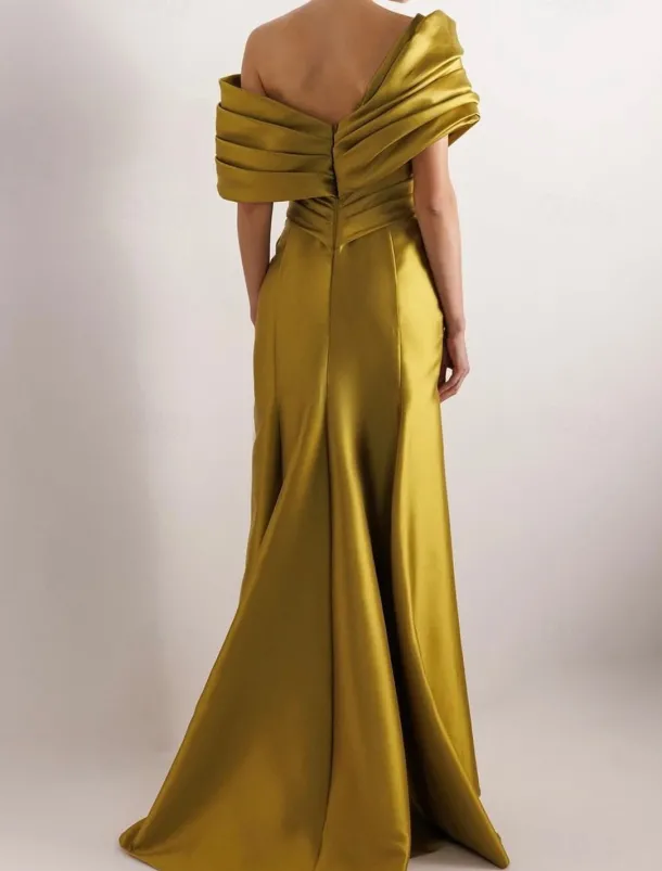 Dress High Fashion Mustard Dress Mermaid / Trumpet Portrait Collar Evening Gown Cocktail Dress Formal Wedding Floor Length Sleeveless Off Shoulder Satin with Ruched Details Slit