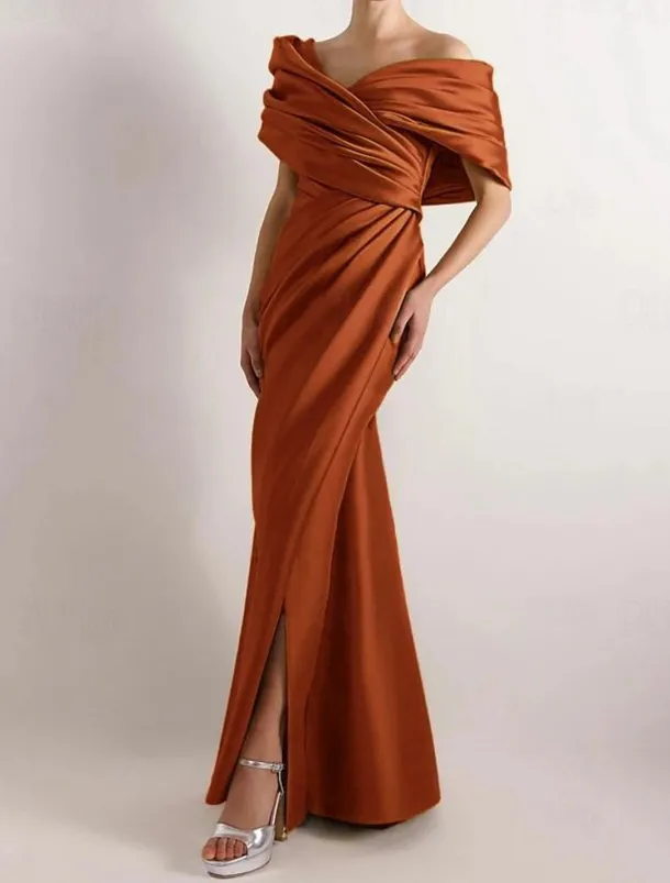 Dress High Fashion Mustard Dress Mermaid / Trumpet Portrait Collar Evening Gown Cocktail Dress Formal Wedding Floor Length Sleeveless Off Shoulder Satin with Ruched Details Slit