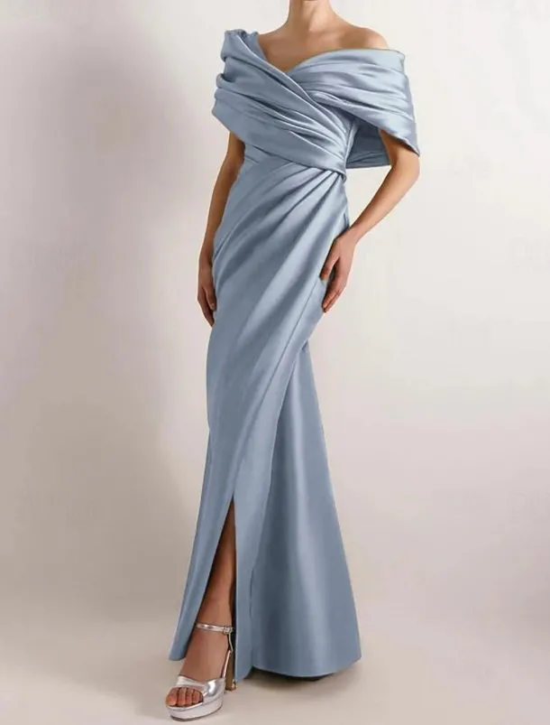 Dress High Fashion Mustard Dress Mermaid / Trumpet Portrait Collar Evening Gown Cocktail Dress Formal Wedding Floor Length Sleeveless Off Shoulder Satin with Ruched Details Slit