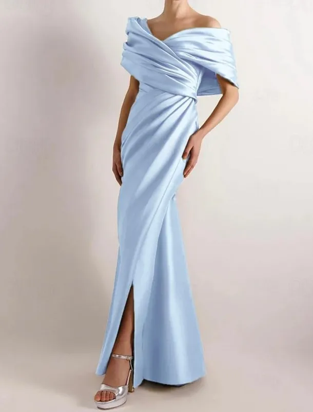 Dress High Fashion Mustard Dress Mermaid / Trumpet Portrait Collar Evening Gown Cocktail Dress Formal Wedding Floor Length Sleeveless Off Shoulder Satin with Ruched Details Slit