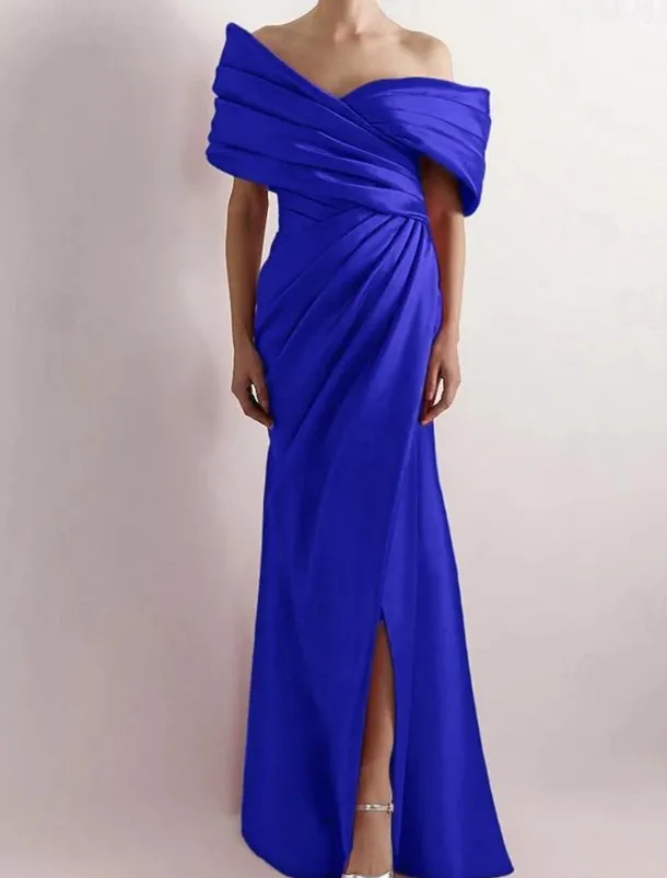 Dress High Fashion Mustard Dress Mermaid / Trumpet Portrait Collar Evening Gown Cocktail Dress Formal Wedding Floor Length Sleeveless Off Shoulder Satin with Ruched Details Slit