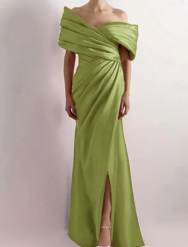 Dress High Fashion Mustard Dress Mermaid / Trumpet Portrait Collar Evening Gown Cocktail Dress Formal Wedding Floor Length Sleeveless Off Shoulder Satin with Ruched Details Slit