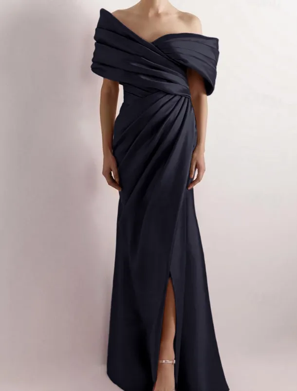 Dress High Fashion Mustard Dress Mermaid / Trumpet Portrait Collar Evening Gown Cocktail Dress Formal Wedding Floor Length Sleeveless Off Shoulder Satin with Ruched Details Slit