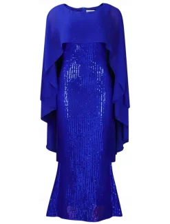 Dress Mother of the Bride Dress Elegant Crew Neck Floor Length Chiffon 3/4 Length Sleeve with Sequin
