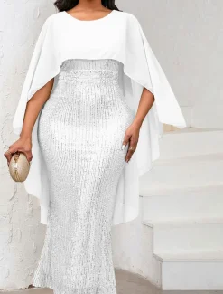 Dress Mother of the Bride Dress Elegant Crew Neck Floor Length Chiffon 3/4 Length Sleeve with Sequin