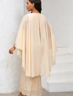 Dress Mother of the Bride Dress Elegant Crew Neck Floor Length Chiffon 3/4 Length Sleeve with Sequin