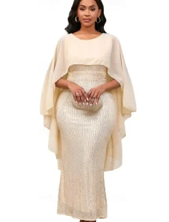 Dress Mother of the Bride Dress Elegant Crew Neck Floor Length Chiffon 3/4 Length Sleeve with Sequin