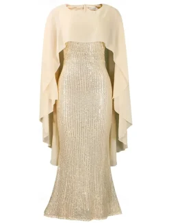 Dress Mother of the Bride Dress Elegant Crew Neck Floor Length Chiffon 3/4 Length Sleeve with Sequin