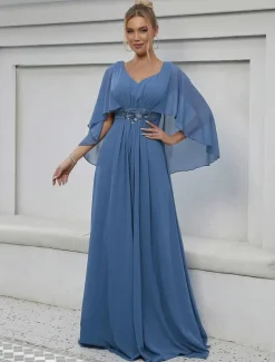 Dress Mother of the Bride Dress Elegant Party V Neck Floor Length Polyester Half Sleeve with Appliques