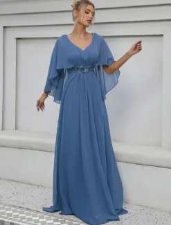 Dress Mother of the Bride Dress Elegant Party V Neck Floor Length Polyester Half Sleeve with Appliques