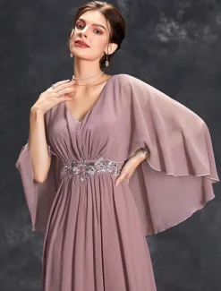 Dress Mother of the Bride Dress Elegant Party V Neck Floor Length Polyester Half Sleeve with Appliques