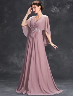 Dress Mother of the Bride Dress Elegant Party V Neck Floor Length Polyester Half Sleeve with Appliques