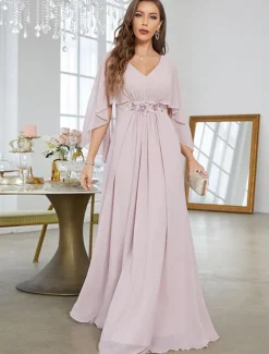 Dress Mother of the Bride Dress Elegant Party V Neck Floor Length Polyester Half Sleeve with Appliques