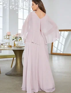 Dress Mother of the Bride Dress Elegant Party V Neck Floor Length Polyester Half Sleeve with Appliques