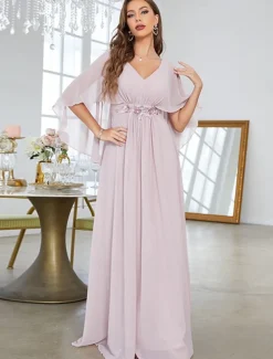 Dress Mother of the Bride Dress Elegant Party V Neck Floor Length Polyester Half Sleeve with Appliques