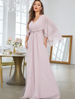 Dress Mother of the Bride Dress Elegant Party V Neck Floor Length Polyester Half Sleeve with Appliques