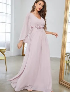 Dress Mother of the Bride Dress Elegant Party V Neck Floor Length Polyester Half Sleeve with Appliques