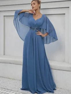 Dress Mother of the Bride Dress Elegant Party V Neck Floor Length Polyester Half Sleeve with Appliques