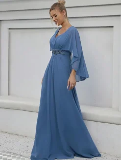 Dress Mother of the Bride Dress Elegant Party V Neck Floor Length Polyester Half Sleeve with Appliques