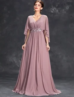 Dress Mother of the Bride Dress Elegant Party V Neck Floor Length Polyester Half Sleeve with Appliques