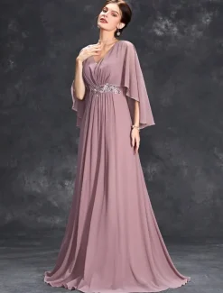 Dress Mother of the Bride Dress Elegant Party V Neck Floor Length Polyester Half Sleeve with Appliques