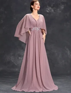 Dress Mother of the Bride Dress Elegant Party V Neck Floor Length Polyester Half Sleeve with Appliques