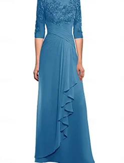 Dress Mother of the Bride Dress Elegant Crew Neck Floor Length Polyester 3/4 Length Sleeve with Solid Color