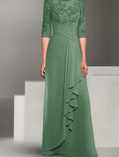 Dress Mother of the Bride Dress Elegant Crew Neck Floor Length Polyester 3/4 Length Sleeve with Solid Color