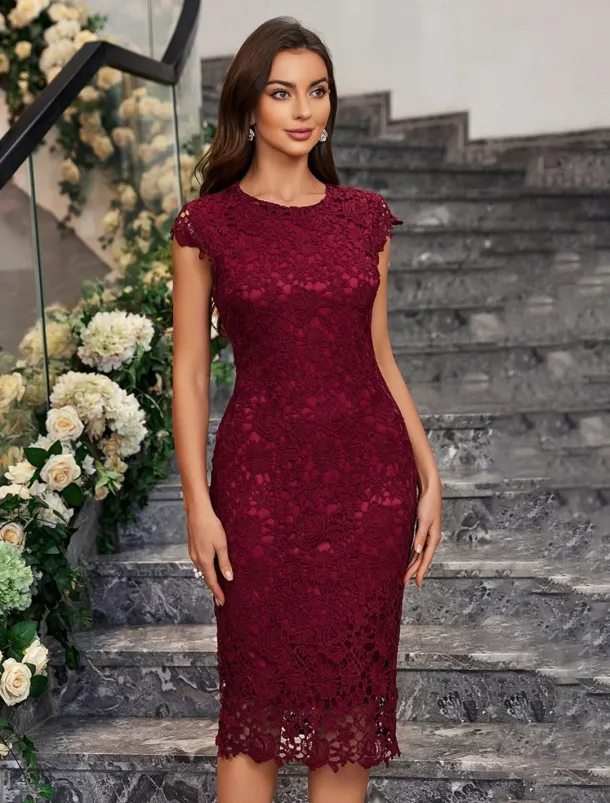 Dress Mother of the Bride Dress Elegant Party Minimalist Crew Neck Knee Length Spandex Sleeveless with Lace Solid Color