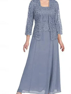 Dress Sets Mother of the Bride Dress Elegant Simple Square Neck Floor Length Polyester Long Sleeve with Solid Color