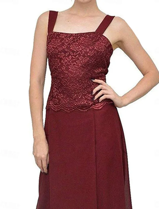 Dress Sets Mother of the Bride Dress Elegant Simple Square Neck Floor Length Polyester Long Sleeve with Solid Color