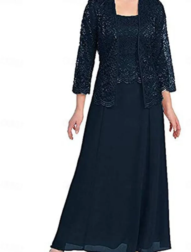Dress Sets Mother of the Bride Dress Elegant Simple Square Neck Floor Length Polyester Long Sleeve with Solid Color