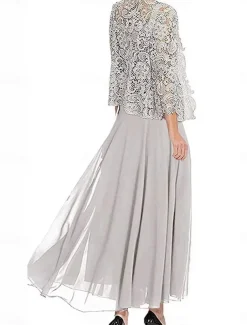 Dress Sets Mother of the Bride Dress Wedding Guest Elegant Party Simple Square Neck Floor Length Polyester Long Sleeve with Solid Color