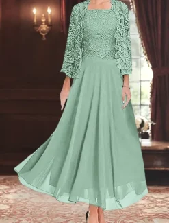 Dress Sets Mother of the Bride Dress Wedding Guest Elegant Party Simple Square Neck Floor Length Polyester Long Sleeve with Solid Color