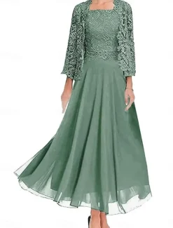 Dress Sets Mother of the Bride Dress Wedding Guest Elegant Party Simple Square Neck Floor Length Polyester Long Sleeve with Solid Color