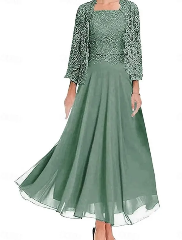 Dress Sets Mother of the Bride Dress Wedding Guest Elegant Party Simple Square Neck Floor Length Polyester Long Sleeve with Solid Color