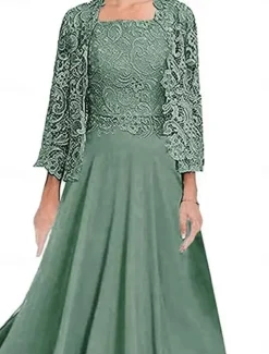 Dress Sets Mother of the Bride Dress Wedding Guest Elegant Party Simple Square Neck Floor Length Polyester Long Sleeve with Solid Color