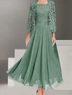 Dress Sets Mother of the Bride Dress Wedding Guest Elegant Party Simple Square Neck Floor Length Polyester Long Sleeve with Solid Color