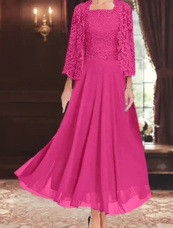 Dress Sets Mother of the Bride Dress Wedding Guest Elegant Party Simple Square Neck Floor Length Polyester Long Sleeve with Solid Color