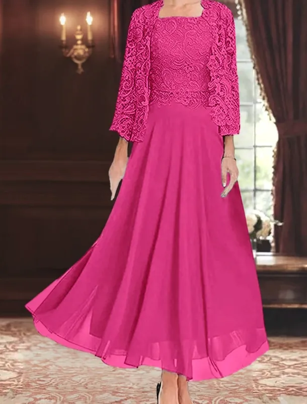 Dress Sets Mother of the Bride Dress Wedding Guest Elegant Party Simple Square Neck Floor Length Polyester Long Sleeve with Solid Color