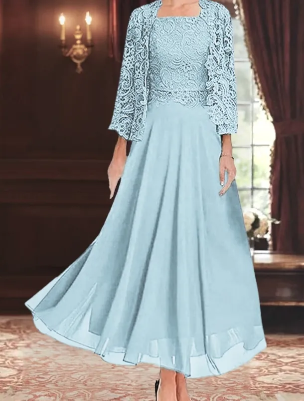 Dress Sets Mother of the Bride Dress Wedding Guest Elegant Party Simple Square Neck Floor Length Polyester Long Sleeve with Solid Color