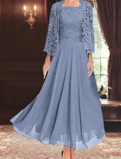 Dress Sets Mother of the Bride Dress Wedding Guest Elegant Party Simple Square Neck Floor Length Polyester Long Sleeve with Solid Color