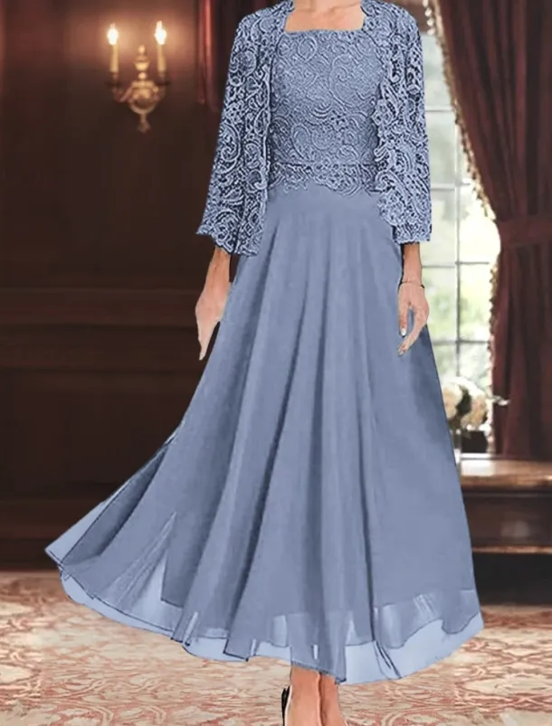 Dress Sets Mother of the Bride Dress Wedding Guest Elegant Party Simple Square Neck Floor Length Polyester Long Sleeve with Solid Color