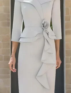 Dress Sets Mother of the Bride Dress Formal Wedding Guest Elegant Vintage Simple V Neck Tea Length Stretch Fabric 3/4 Length Sleeve with Cascading Ruffles Flower Race Day Dress