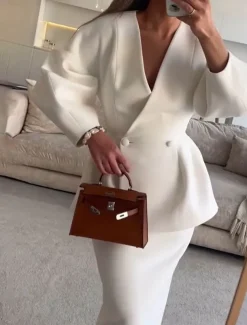 Dress Sets Mother of the Bride Dress Formal Wedding Guest Elegant V Neck Floor Length Polyester Long Sleeve with Buttons