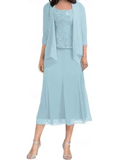 Dress Sets Mother of the Bride Dress Elegant Simple Square Neck Tea Length Polyester 3/4 Length Sleeve with Solid Color