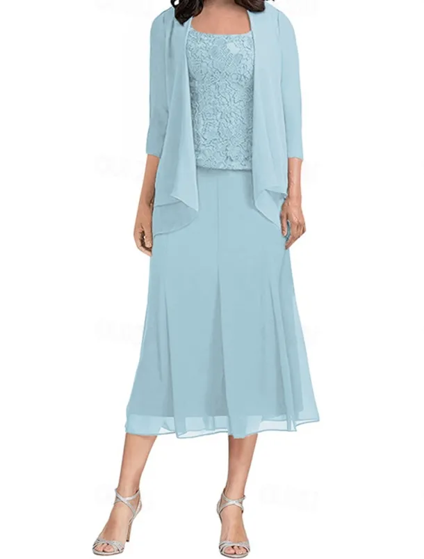 Dress Sets Mother of the Bride Dress Elegant Simple Square Neck Tea Length Polyester 3/4 Length Sleeve with Solid Color