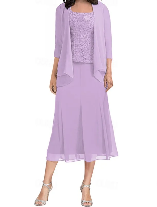 Dress Sets Mother of the Bride Dress Elegant Simple Square Neck Tea Length Polyester 3/4 Length Sleeve with Solid Color